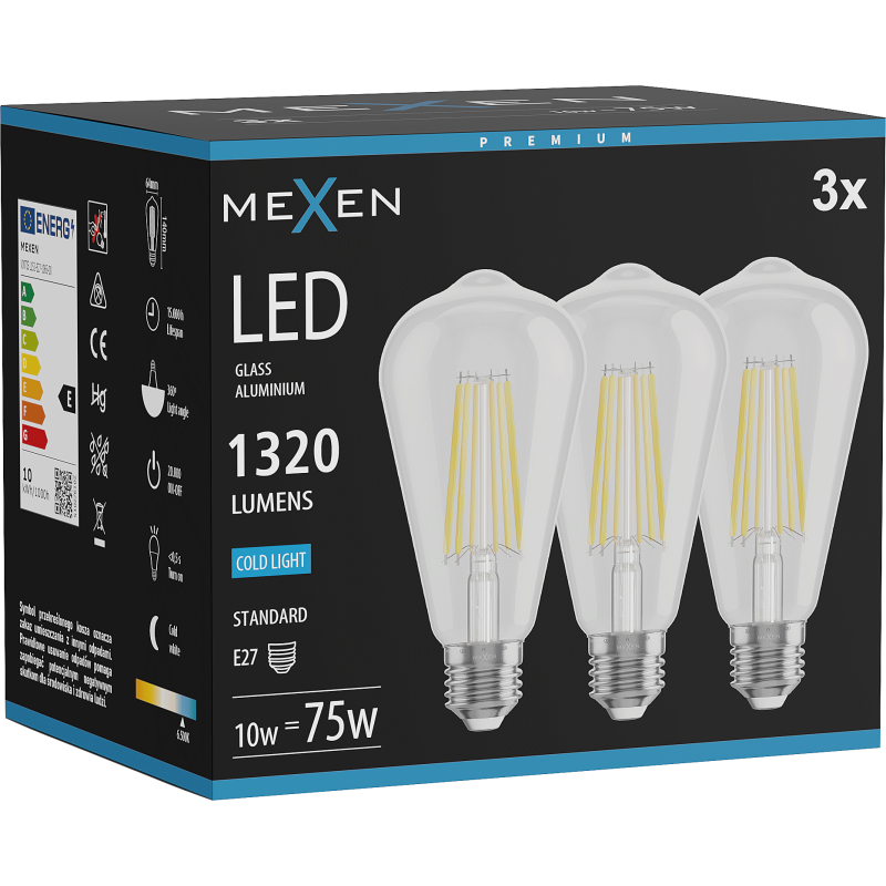 Mexen Vintis 3x żarówka filament LED E27, ST64, 10W, Zimna - 6500K, 1320 lm, clear - L152-E27-1040-00x03