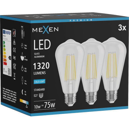 Mexen Vintis 3x żarówka filament LED E27, ST64, 10W, Zimna - 6500K, 1320 lm, clear - L152-E27-1040-00x03