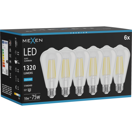 Mexen Vintis 6x żarówka filament LED E27, ST64, 10W, Zimna - 6500K, 1320 lm, clear - L152-E27-1040-00x06