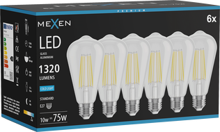 Mexen Vintis 6x żarówka filament LED E27, ST64, 10W, Zimna - 6500K, 1320 lm, clear - L152-E27-1040-00x06