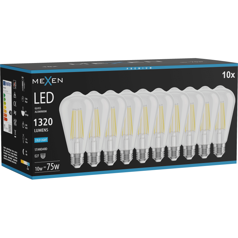 Mexen Vintis 10x żarówka filament LED E27, ST64, 10W, Zimna - 6500K, 1320 lm, clear - L152-E27-1040-00x10