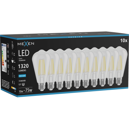 Mexen Vintis 10x żarówka filament LED E27, ST64, 10W, Zimna - 6500K, 1320 lm, clear - L152-E27-1040-00x10