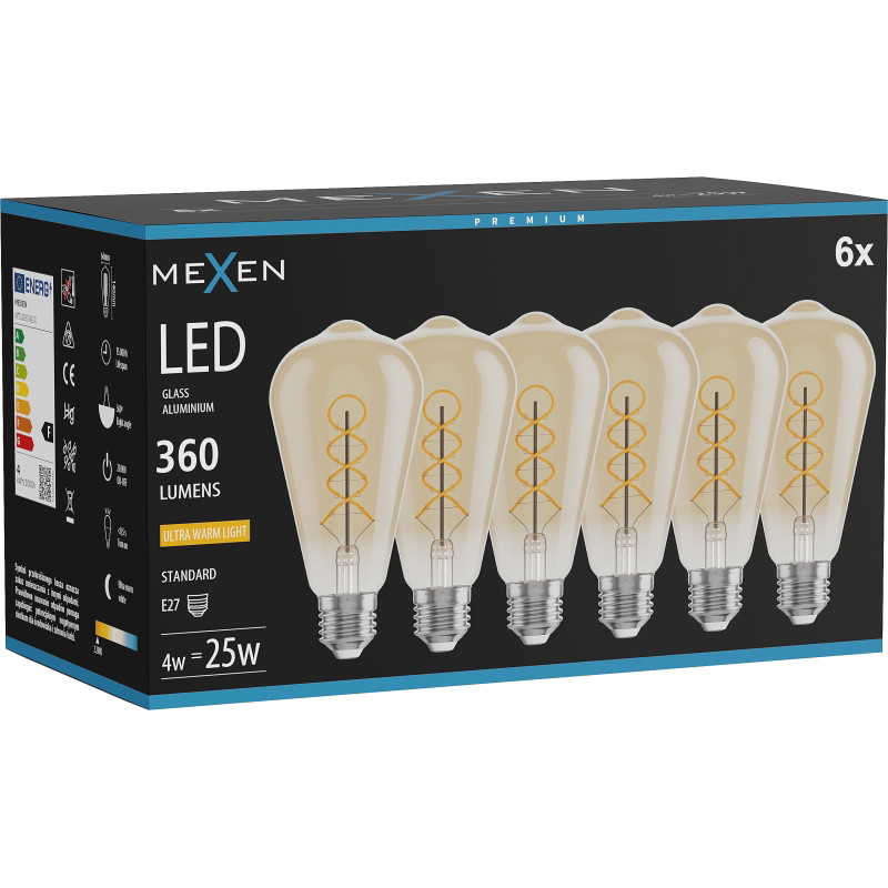 Mexen Vintis 6x żarówka filament spirala LED E27, ST64, 4W, Ciepła - 2200K, 360 lm, amber - L162-E27-0422-50x06