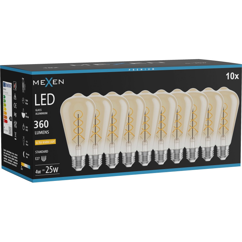 Mexen Vintis 10x żarówka filament spirala LED E27, ST64, 4W, Ciepła - 2200K, 360 lm, amber - L162-E27-0422-50x10