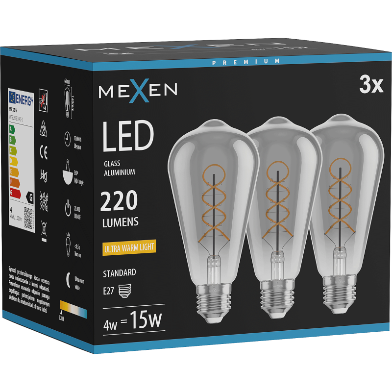Mexen Vintis 3x żarówka filament spirala LED E27, ST64, 4W, Ciepła - 2200K, 220 lm, smoke - L162-E27-0422-70x03