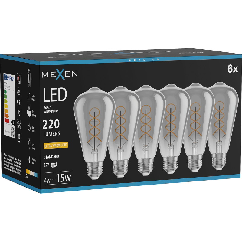Mexen Vintis 6x żarówka filament spirala LED E27, ST64, 4W, Ciepła - 2200K, 220 lm, smoke - L162-E27-0422-70x06