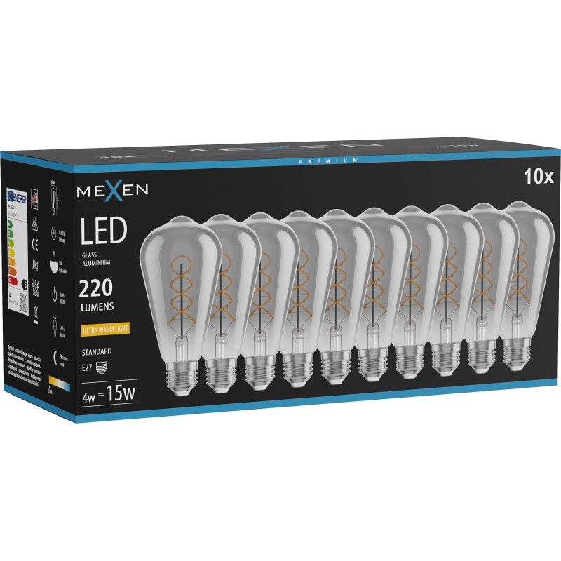 Mexen Vintis 10x żarówka filament spirala LED E27, ST64, 4W, Ciepła - 2200K, 220 lm, smoke - L162-E27-0422-70x10