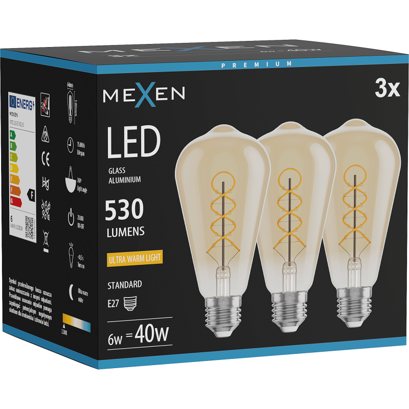 Mexen Vintis 3x żarówka filament spirala LED E27, ST64, 6W, Ciepła - 2200K, 530 lm, amber - L162-E27-0622-50x03