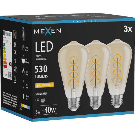 Mexen Vintis 3x żarówka filament spirala LED E27, ST64, 6W, Ciepła - 2200K, 530 lm, amber - L162-E27-0622-50x03