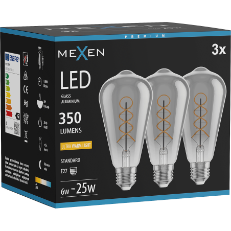 Mexen Vintis 3x żarówka filament spirala LED E27, ST64, 6W, Ciepła - 2200K, 350 lm, smoke - L162-E27-0622-70x03