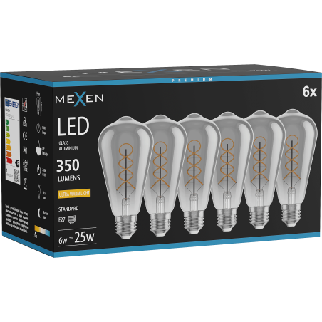 Mexen Vintis 6x żarówka filament spirala LED E27, ST64, 6W, Ciepła - 2200K, 350 lm, smoke - L162-E27-0622-70x06