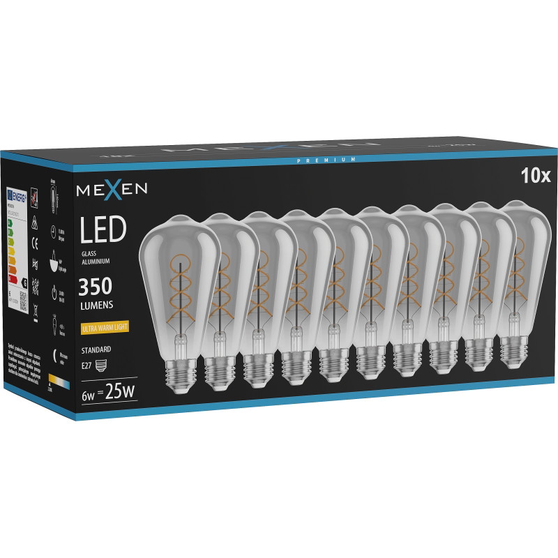 Mexen Vintis 10x żarówka filament spirala LED E27, ST64, 6W, Ciepła - 2200K, 350 lm, smoke - L162-E27-0622-70x10