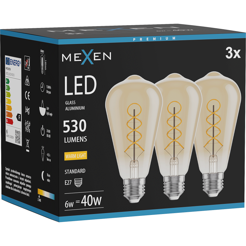 Mexen Vintis 3x żarówka filament spirala LED E27, ST64, 6W, Ciepła - 2700K, 530 lm, amber - L162-E27-0627-50x03