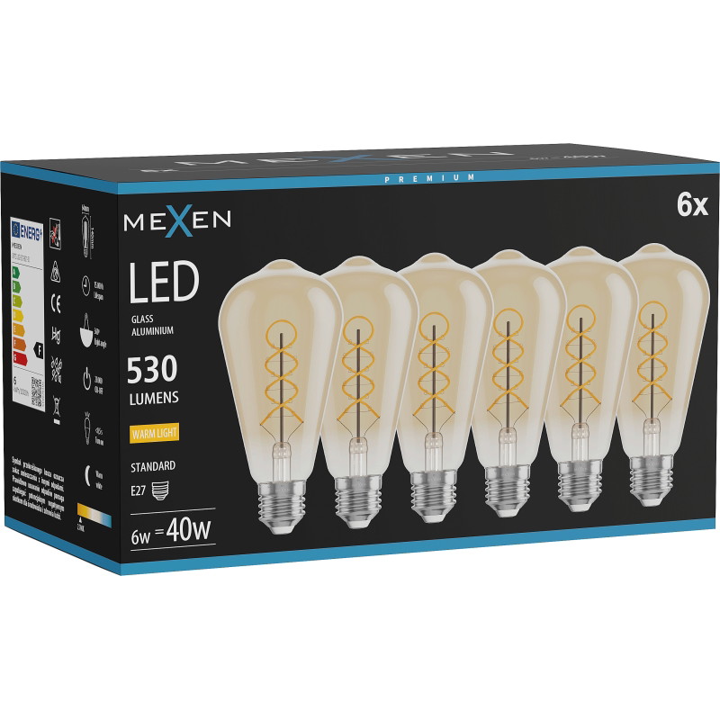 Mexen Vintis 6x żarówka filament spirala LED E27, ST64, 6W, Ciepła - 2700K, 530 lm, amber - L162-E27-0627-50x06