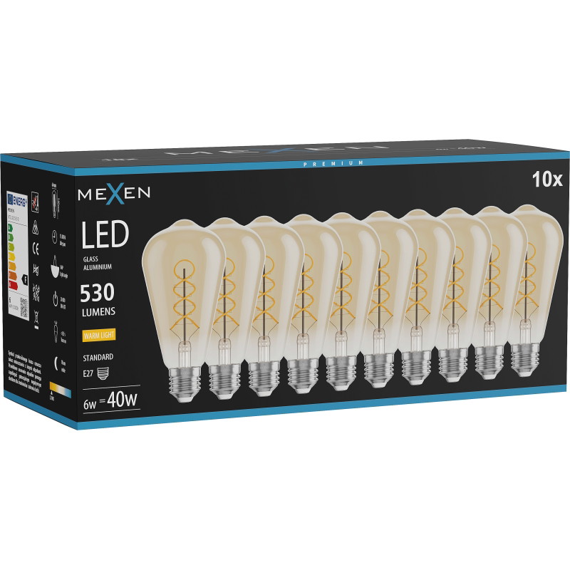 Mexen Vintis 10x żarówka filament spirala LED E27, ST64, 6W, Ciepła - 2700K, 530 lm, amber - L162-E27-0627-50x10