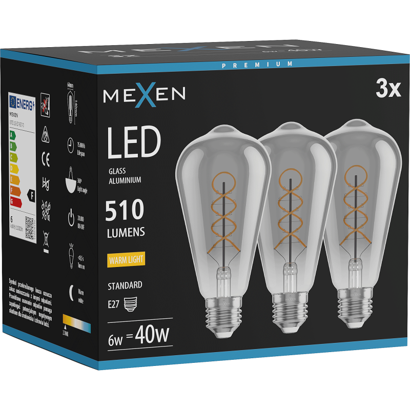 Mexen Vintis 3x żarówka filament spirala LED E27, ST64, 6W, Ciepła - 2700K, 510 lm, smoke - L162-E27-0627-70x03