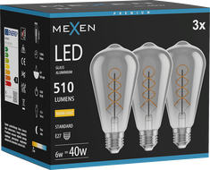 Mexen Vintis 3x żarówka filament spirala LED E27, ST64, 6W, Ciepła - 2700K, 510 lm, smoke - L162-E27-0627-70x03