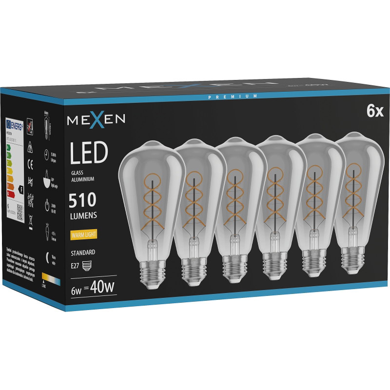 Mexen Vintis 6x żarówka filament spirala LED E27, ST64, 6W, Ciepła - 2700K, 510 lm, smoke - L162-E27-0627-70x06