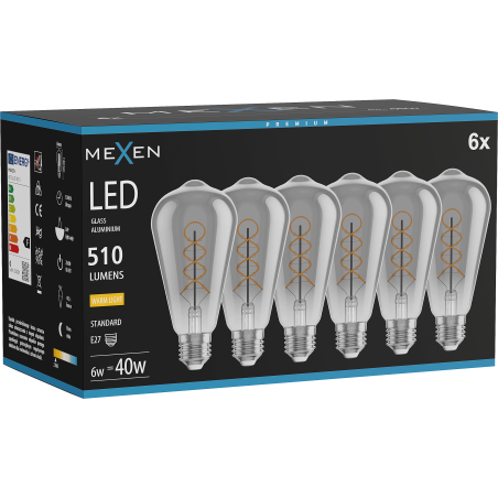 Mexen Vintis 6x żarówka filament spirala LED E27, ST64, 6W, Ciepła - 2700K, 510 lm, smoke - L162-E27-0627-70x06