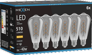 Mexen Vintis 6x żarówka filament spirala LED E27, ST64, 6W, Ciepła - 2700K, 510 lm, smoke - L162-E27-0627-70x06