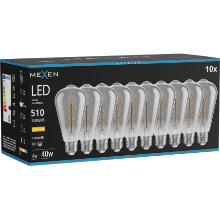 Mexen Vintis 10x żarówka filament spirala LED E27, ST64, 6W, Ciepła - 2700K, 510 lm, smoke - L162-E27-0627-70x10