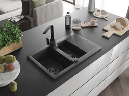 Mexen Gaspar zlewozmywak granitowy 1,5-komorowy z ociekaczem i baterią kuchenną Rita, czarny nakrapiany  - 6507-76-670300-70-B