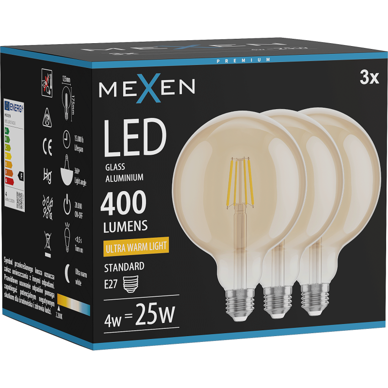 Mexen Vintis 3x żarówka filament LED E27, G125, 4W, Ciepła - 2200K, 400 lm, amber - L158-E27-0422-50x03