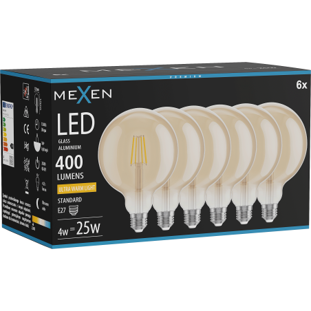 Mexen Vintis 6x żarówka filament LED E27, G125, 4W, Ciepła - 2200K, 400 lm, amber - L158-E27-0422-50x06