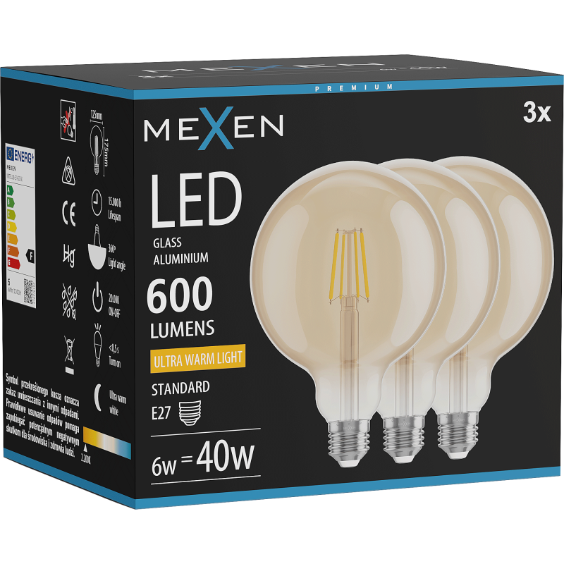 Mexen Vintis 3x żarówka filament LED E27, G125, 6W, Ciepła - 2200K, 600 lm, amber - L158-E27-0622-50x03
