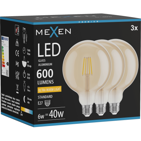 Mexen Vintis 3x żarówka filament LED E27, G125, 6W, Ciepła - 2200K, 600 lm, amber - L158-E27-0622-50x03