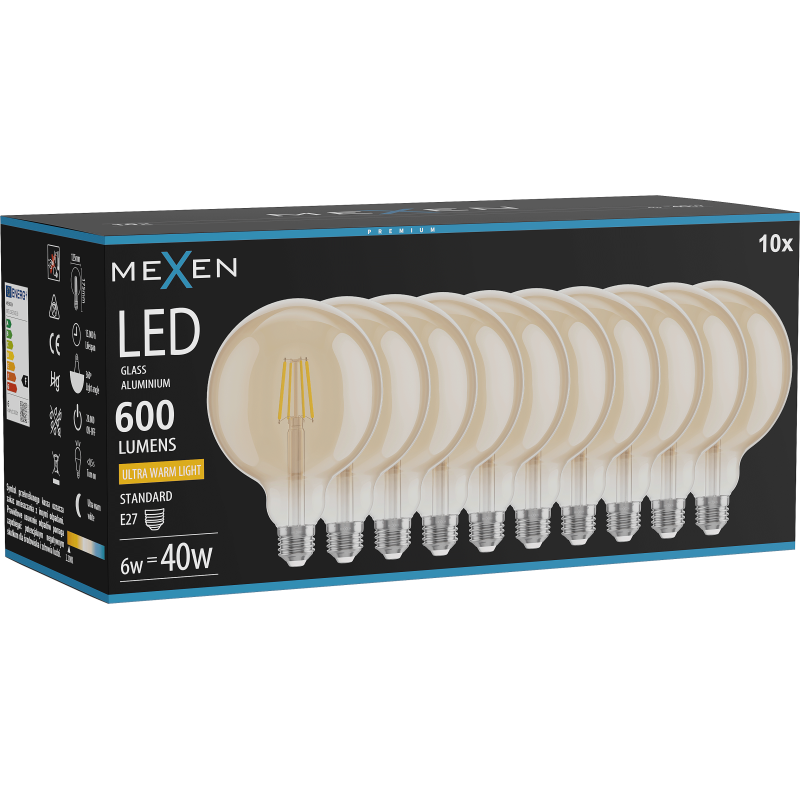 Mexen Vintis 10x żarówka filament LED E27, G125, 6W, Ciepła - 2200K, 600 lm, amber - L158-E27-0622-50x10