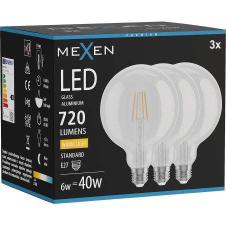 Mexen Vintis 3x żarówka filament LED E27, G125, 6W, Ciepła - 2700K, 720 lm, clear - L158-E27-0627-00x03