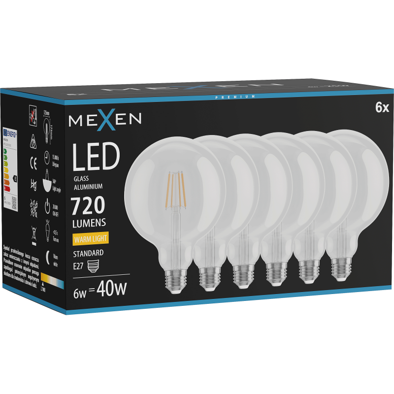 Mexen Vintis 6x żarówka filament LED E27, G125, 6W, Ciepła - 2700K, 720 lm, clear - L158-E27-0627-00x06