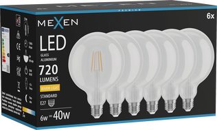 Mexen Vintis 6x żarówka filament LED E27, G125, 6W, Ciepła - 2700K, 720 lm, clear - L158-E27-0627-00x06