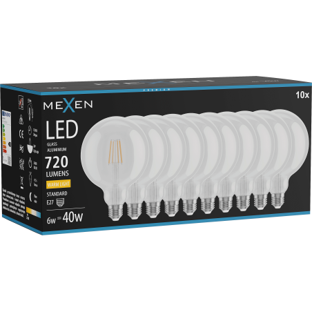 Mexen Vintis 10x żarówka filament LED E27, G125, 6W, Ciepła - 2700K, 720 lm, clear - L158-E27-0627-00x10