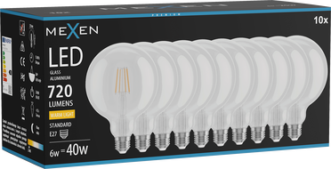 Mexen Vintis 10x żarówka filament LED E27, G125, 6W, Ciepła - 2700K, 720 lm, clear - L158-E27-0627-00x10