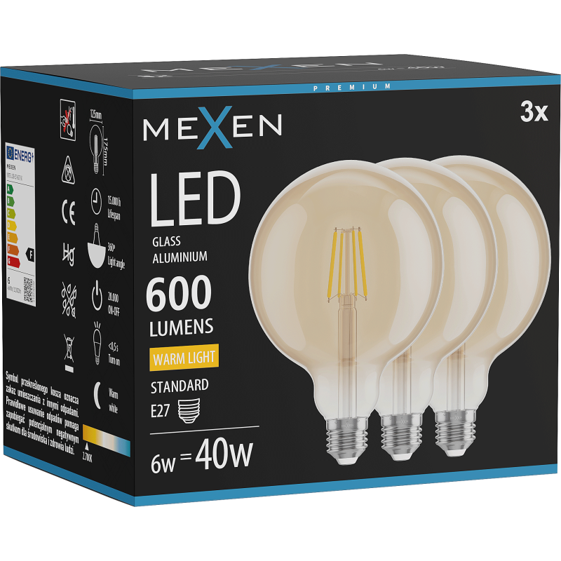 Mexen Vintis 3x żarówka filament LED E27, G125, 6W, Ciepła - 2700K, 600 lm, amber - L158-E27-0627-50x03