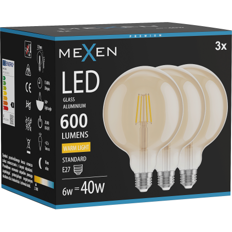 Mexen Vintis 3x żarówka filament LED E27, G125, 6W, Ciepła - 2700K, 600 lm, amber - L158-E27-0627-50x03