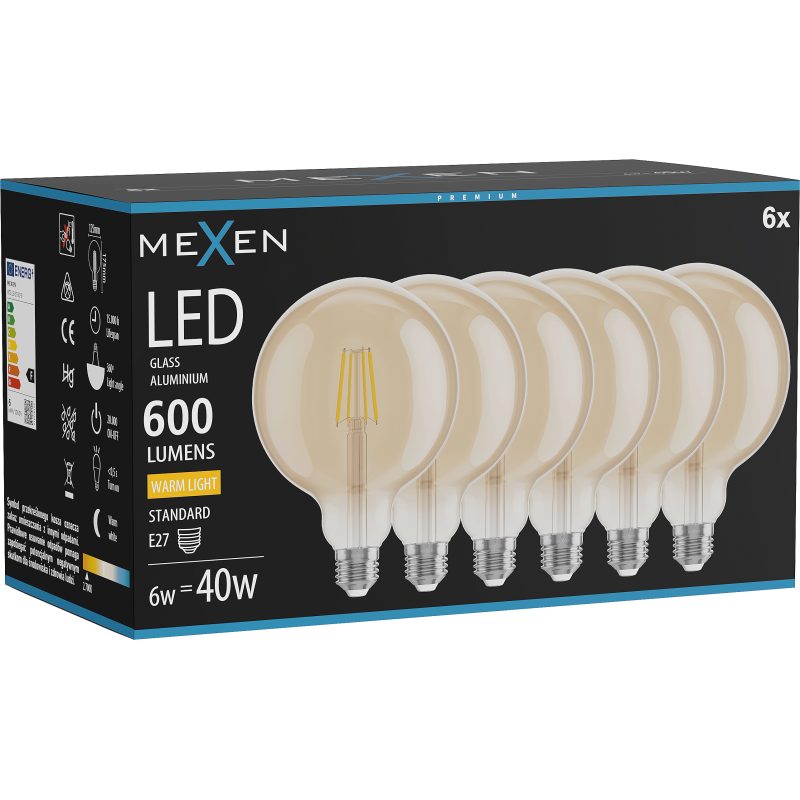 Mexen Vintis 6x żarówka filament LED E27, G125, 6W, Ciepła - 2700K, 600 lm, amber - L158-E27-0627-50x06