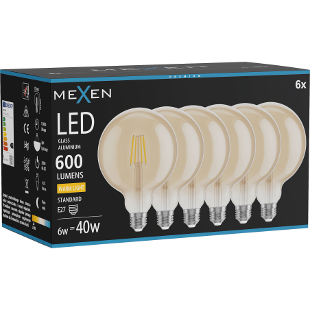 Mexen Vintis 6x żarówka filament LED E27, G125, 6W, Ciepła - 2700K, 600 lm, amber - L158-E27-0627-50x06