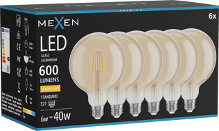 Mexen Vintis 6x żarówka filament LED E27, G125, 6W, Ciepła - 2700K, 600 lm, amber - L158-E27-0627-50x06