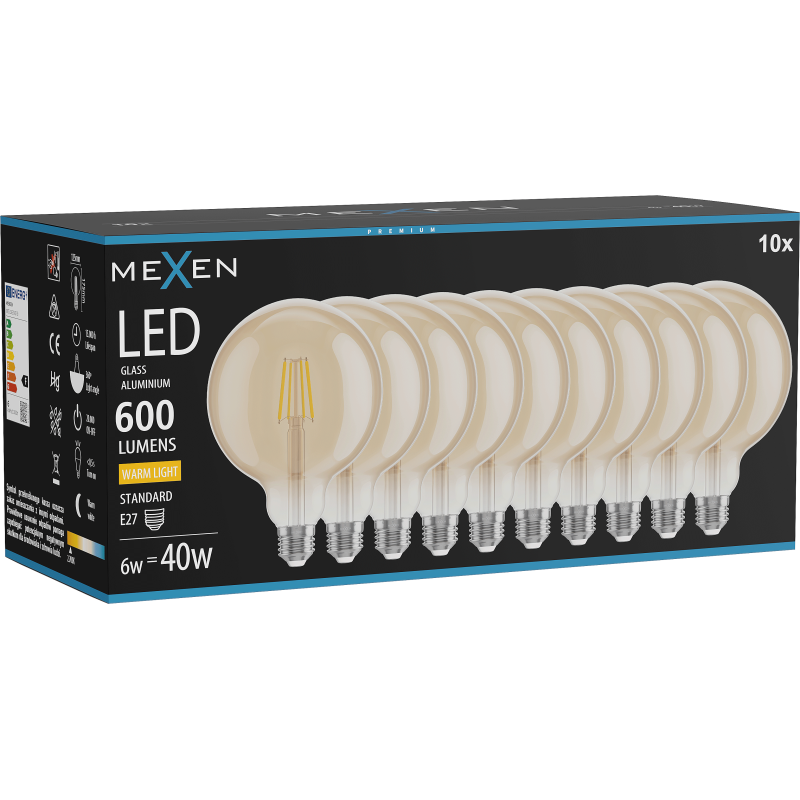 Mexen Vintis 10x żarówka filament LED E27, G125, 6W, Ciepła - 2700K, 600 lm, amber - L158-E27-0627-50x10