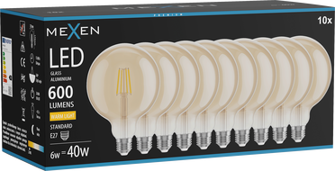 Mexen Vintis 10x żarówka filament LED E27, G125, 6W, Ciepła - 2700K, 600 lm, amber - L158-E27-0627-50x10