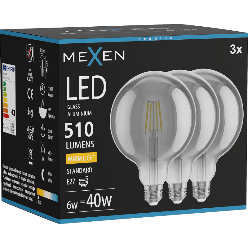 Mexen Vintis 3x żarówka filament LED E27, G125, 6W, Ciepła - 2700K, 510 lm, smoke - L158-E27-0627-70x03