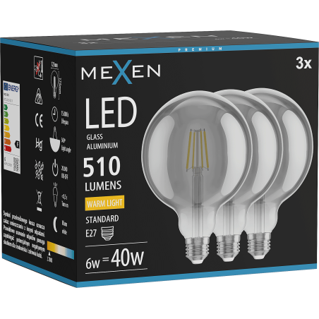 Mexen Vintis 3x żarówka filament LED E27, G125, 6W, Ciepła - 2700K, 510 lm, smoke - L158-E27-0627-70x03