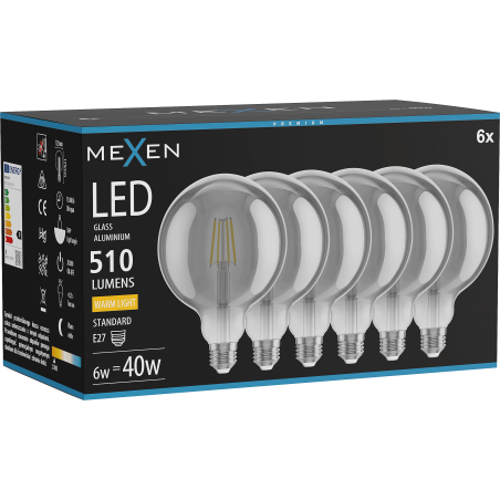 Mexen Vintis 6x żarówka filament LED E27, G125, 6W, Ciepła - 2700K, 510 lm, smoke - L158-E27-0627-70x06
