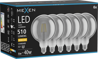 Mexen Vintis 6x żarówka filament LED E27, G125, 6W, Ciepła - 2700K, 510 lm, smoke - L158-E27-0627-70x06