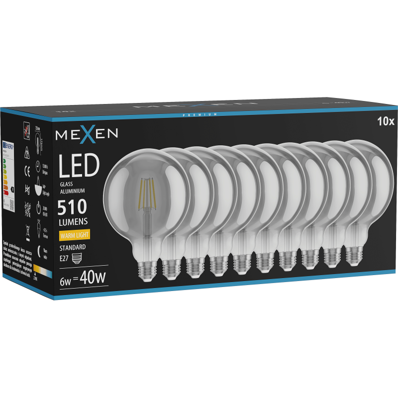 Mexen Vintis 10x żarówka filament LED E27, G125, 6W, Ciepła - 2700K, 510 lm, smoke - L158-E27-0627-70x10