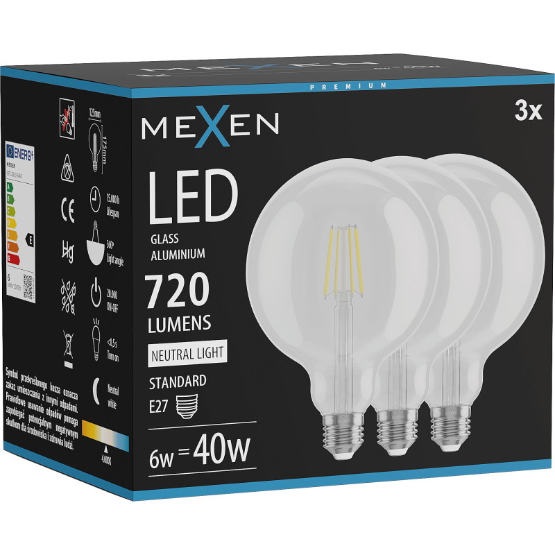 Mexen Vintis 3x żarówka filament LED E27, G125, 6W, Neutralna - 4000K, 720 lm, clear - L158-E27-0640-00x03