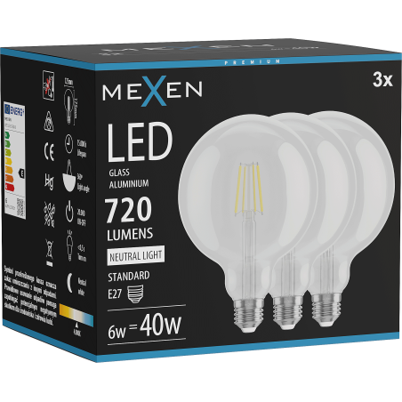 Mexen Vintis 3x żarówka filament LED E27, G125, 6W, Neutralna - 4000K, 720 lm, clear - L158-E27-0640-00x03